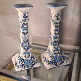 Art deco style ceramic candle holders, hand painted blue flowers. sign