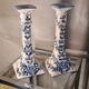 Art deco style ceramic candle holders, hand painted blue flowers. sign