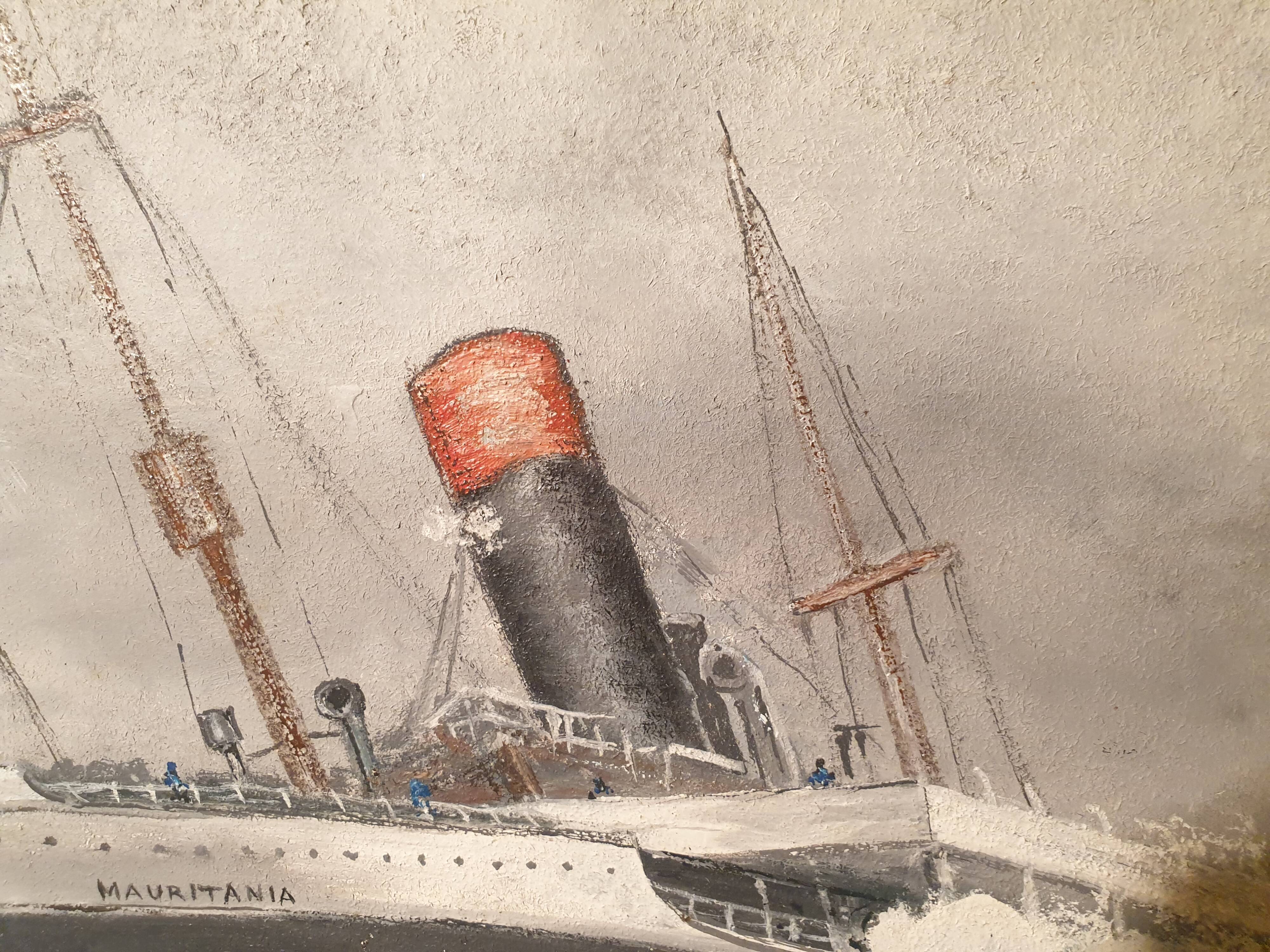 Grand tableau Huile sur isorel Paquebot Mauritania signé E Joubert