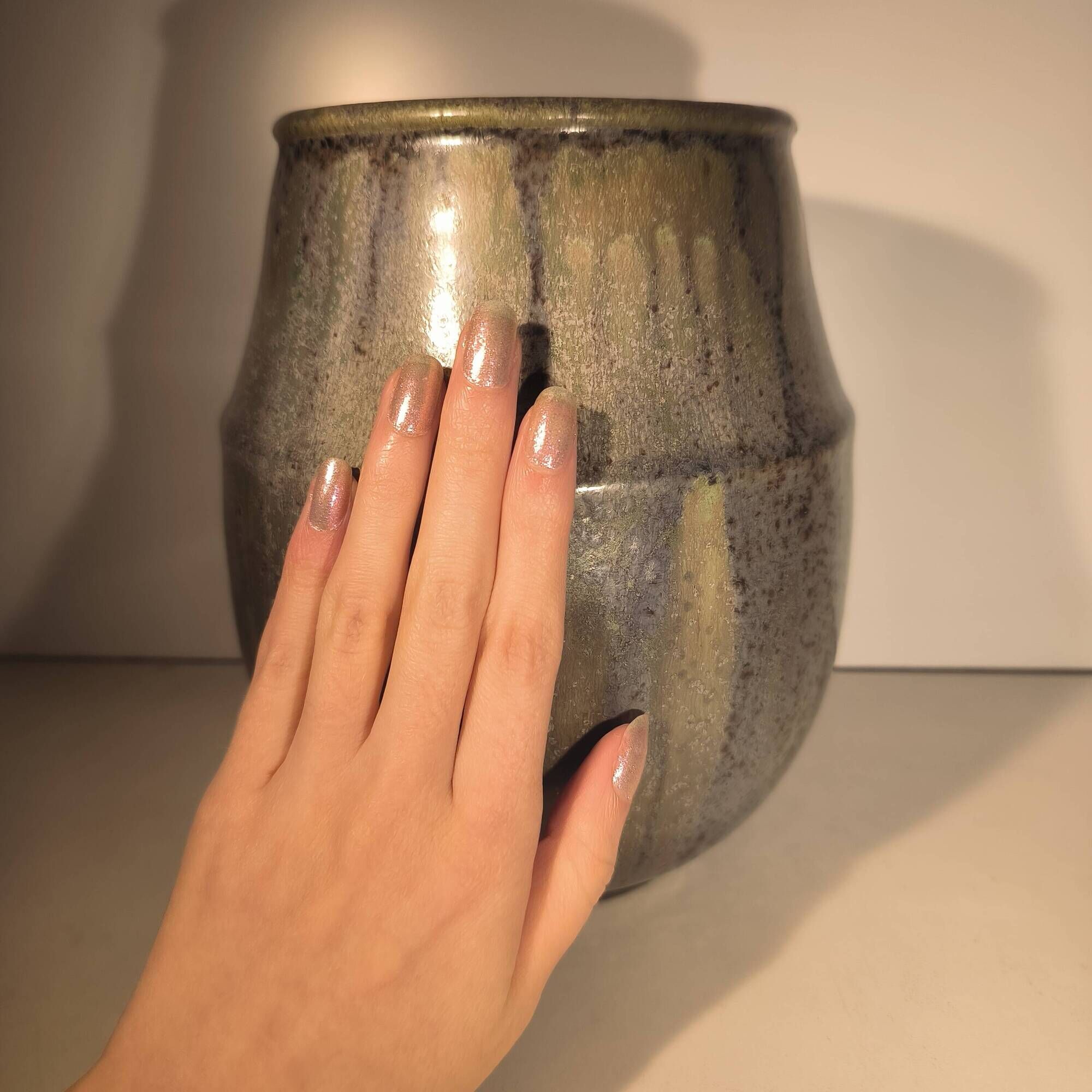 Cris agterberg & roger guerin in bouffioulx, art deco vase in green/blue stoneware
