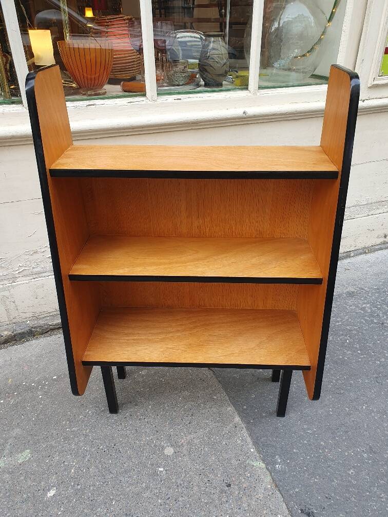 Wooden bookcase-shelf on black metal legs, Pierre Guariche style, 1960