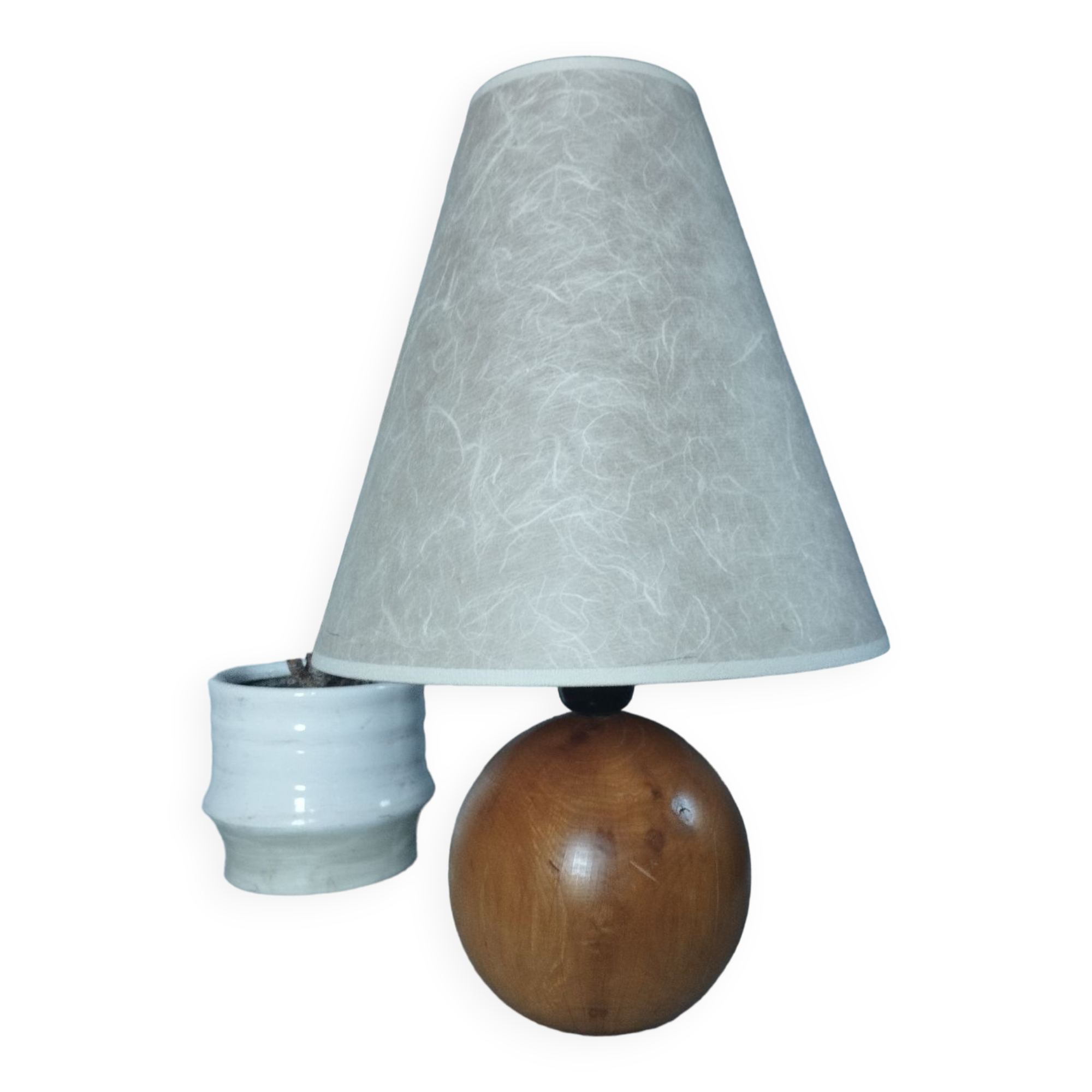 Table lamp foot ball light wood, lampshade ecru paper, 1970's