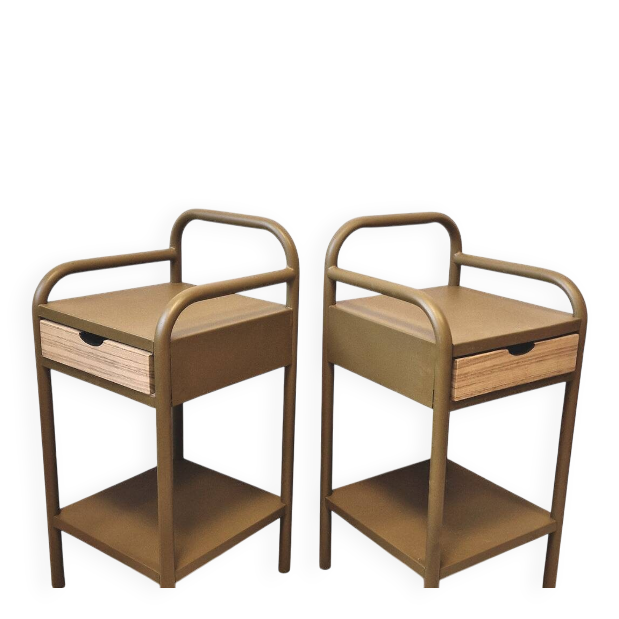 Old ochre metal bedside tables from a boarding school.