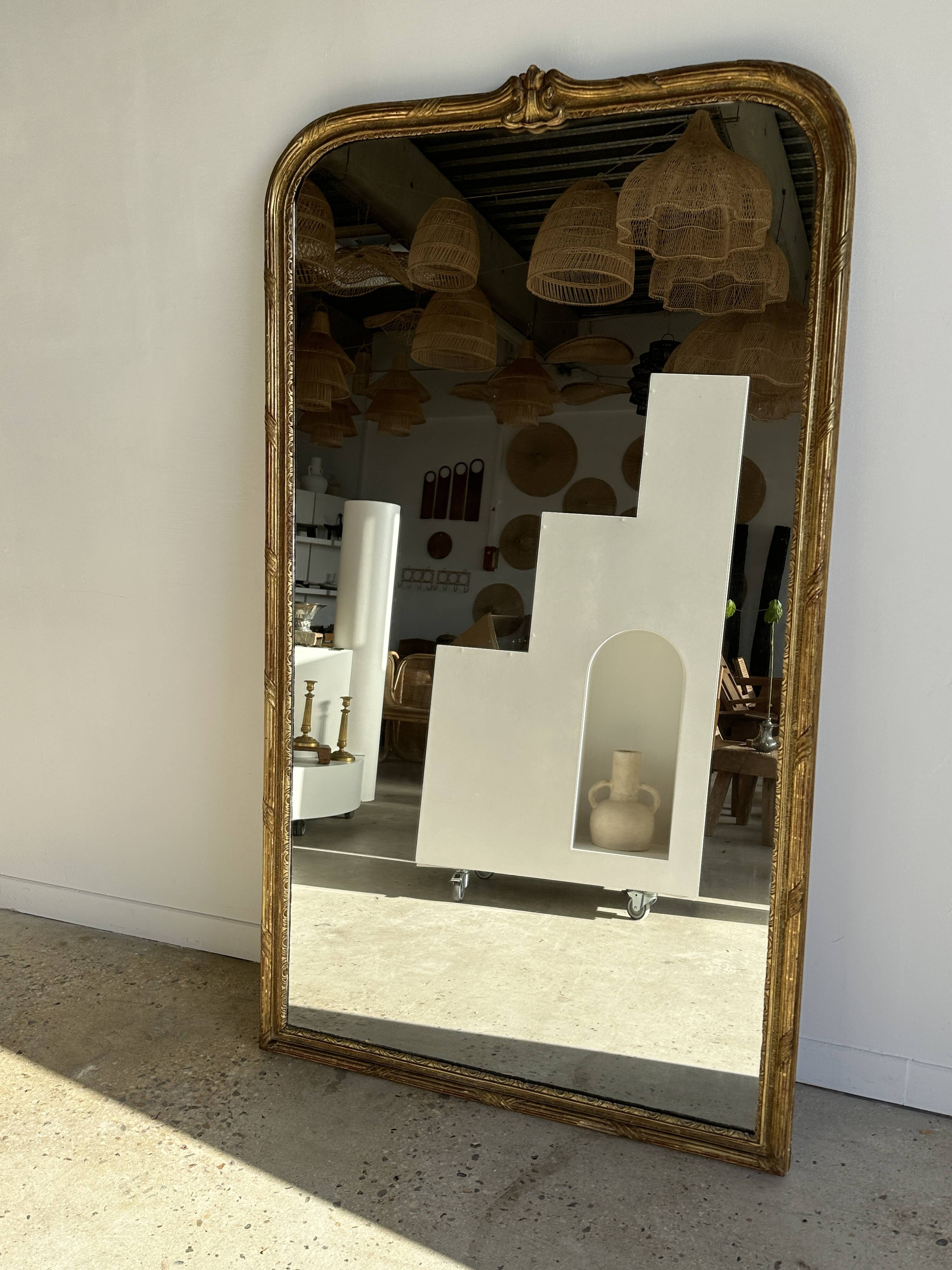 Large gilded mirror 19th century rounded corners mercury glass Louis XVI style