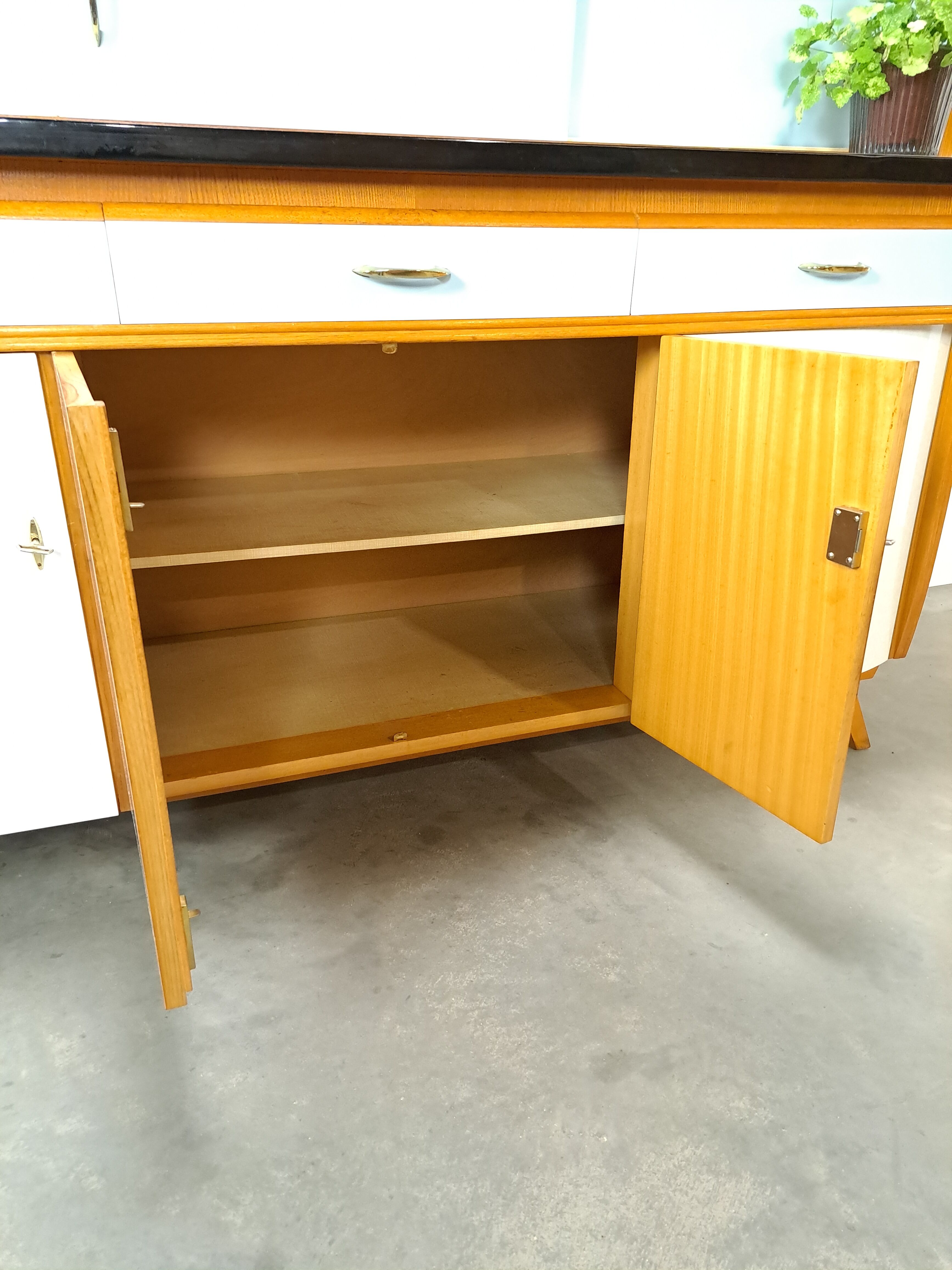 50s vintage kitchen cabinet with brass and formica