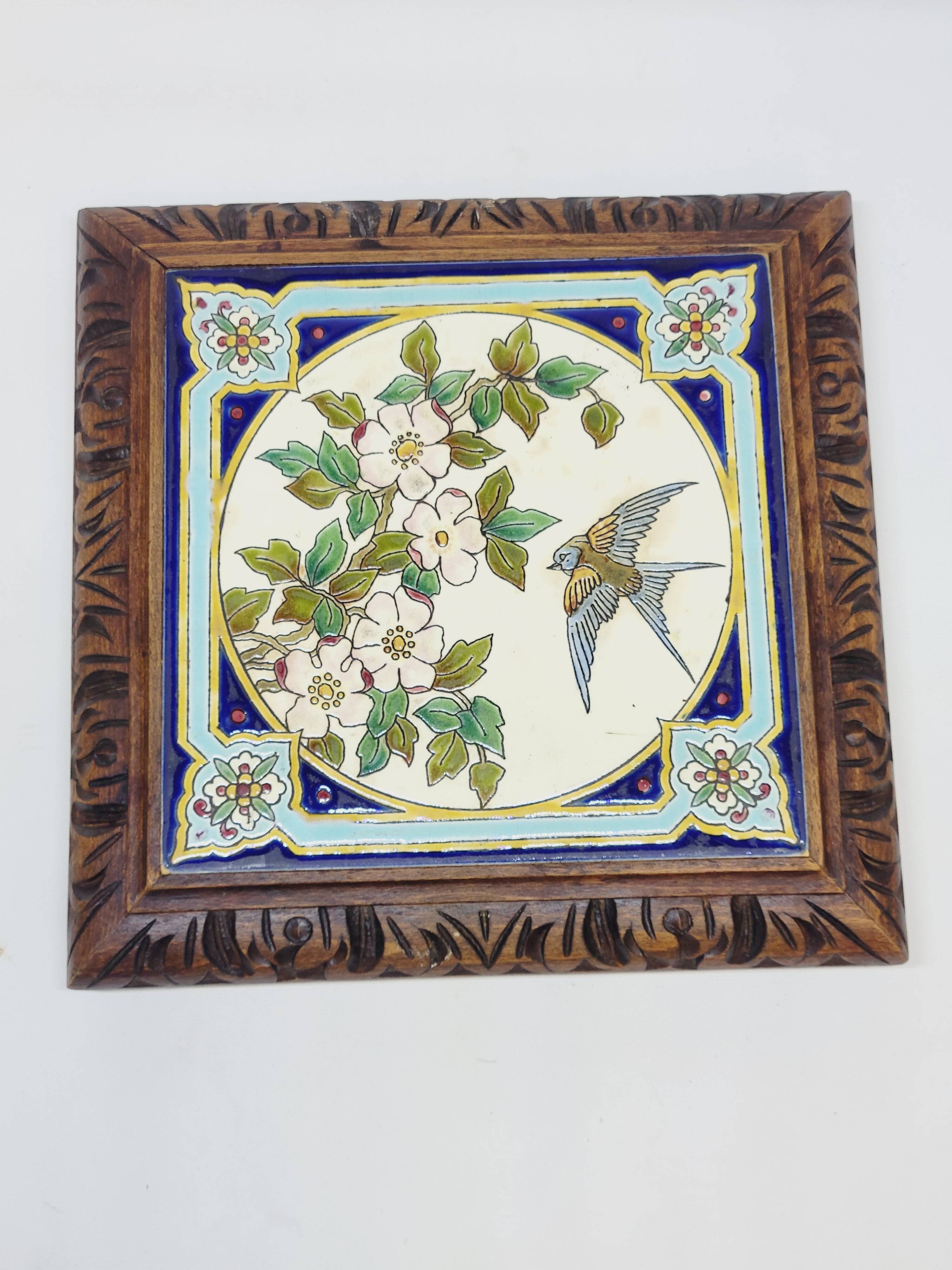 Longwy Trivet with Doorbell, Glazed Earthenware Tile and Wooden Frame