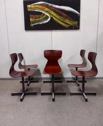 Set of 6 mid-century modern Pagholz chairs, moulded plywood seats, steel base, 1960s