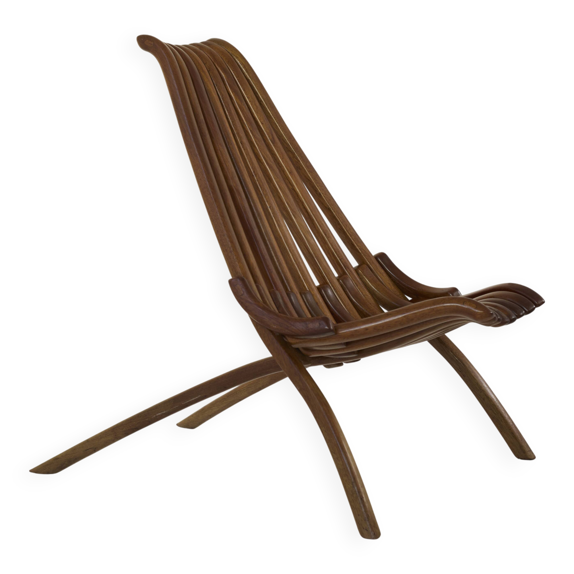 Handcrafted folding chair in solid wood (Iroko) vintage circa 1970.