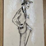 Tableau signé fusain et or iridescent portrait gentleman « Dandy »