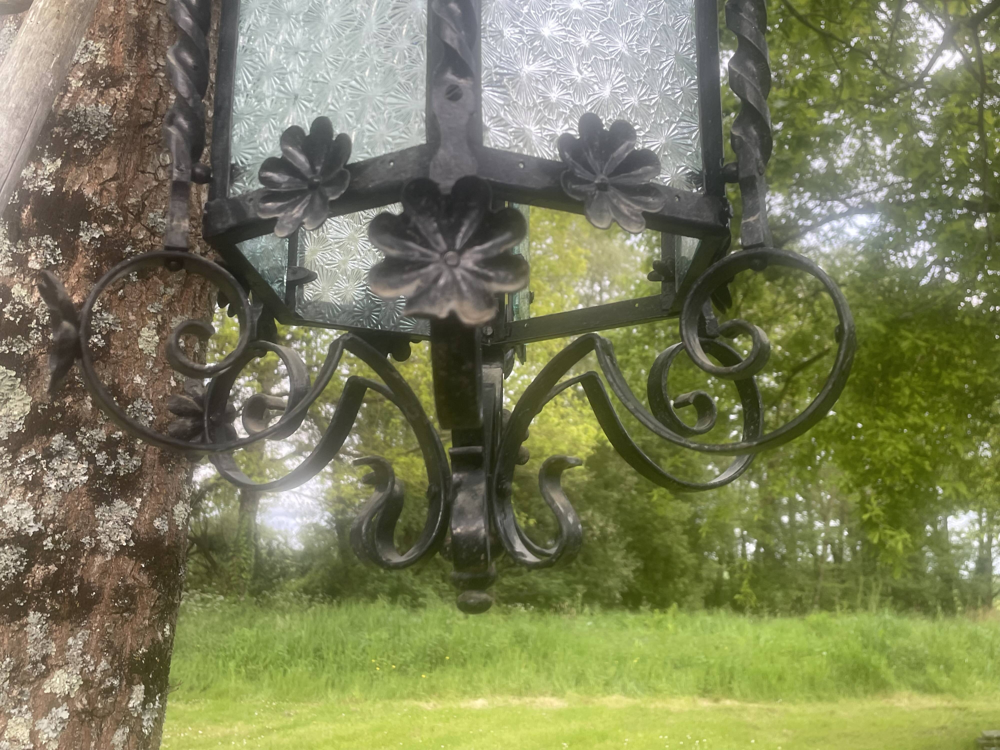 Vestibule lantern, hall, wrought iron entrance & cathedral glass, 80 cm pendant light