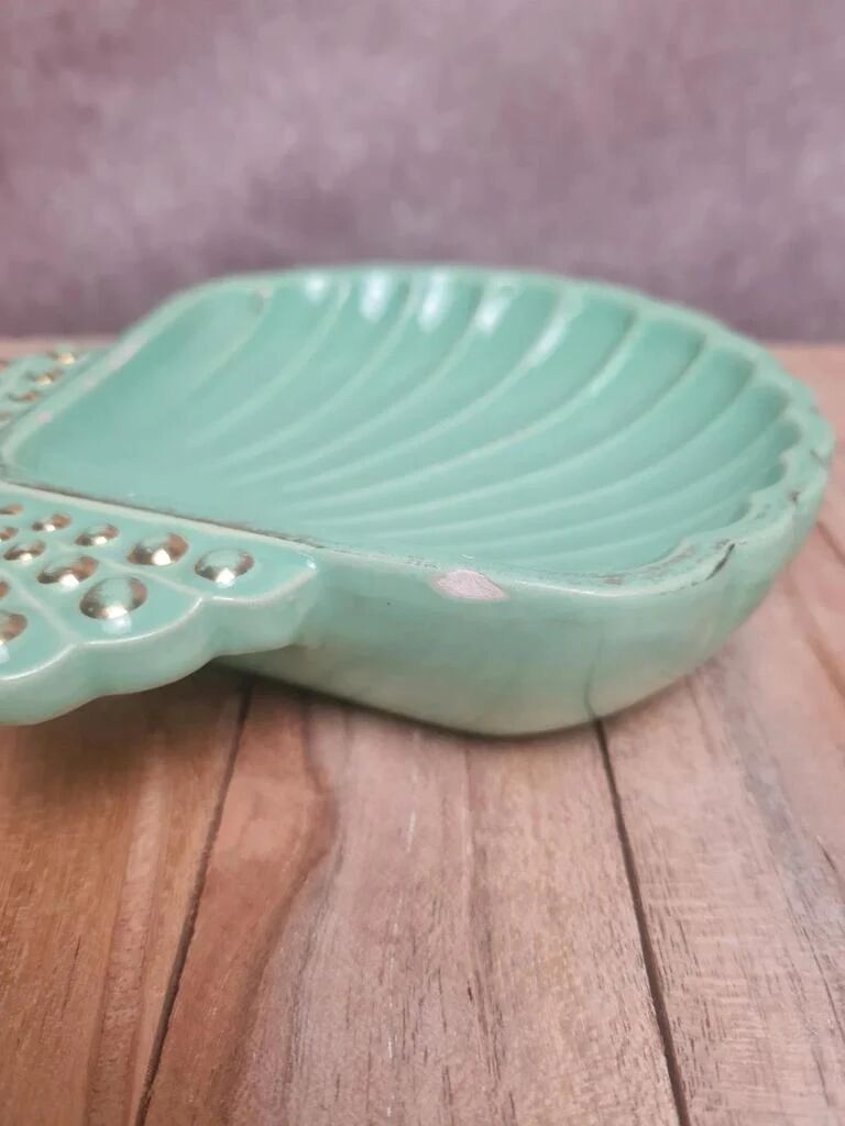 Vintage shell B. Letalle Saint-Clément celadon green with pearl decoration