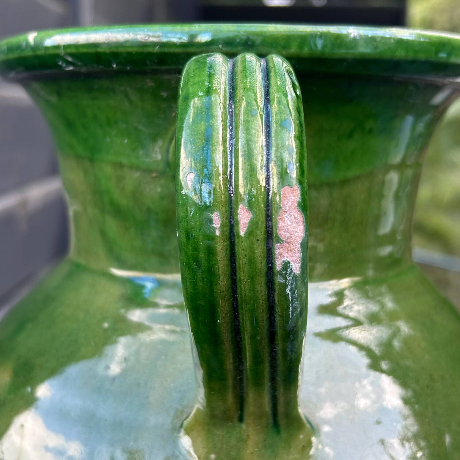 Large green enameled jar