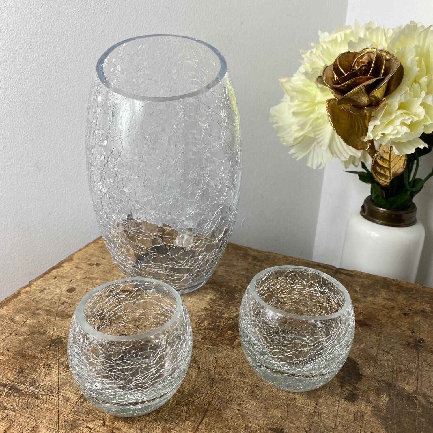 Crackle glass vase and candle holders