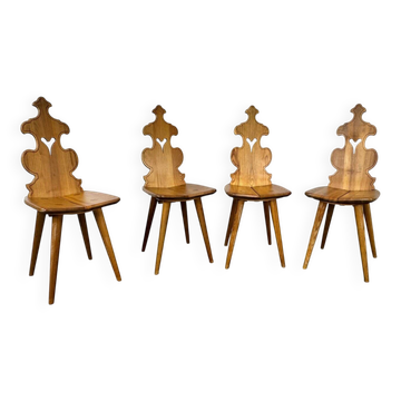 Chaises de salle à manger en bois fait main brutalistes tyroliens, années 1960, ensemble de 4.