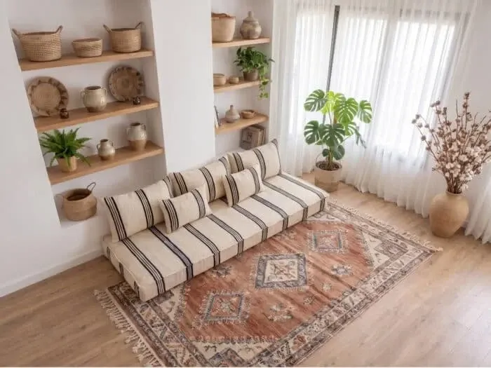 Set of striped Moroccan floor cushions handwoven.