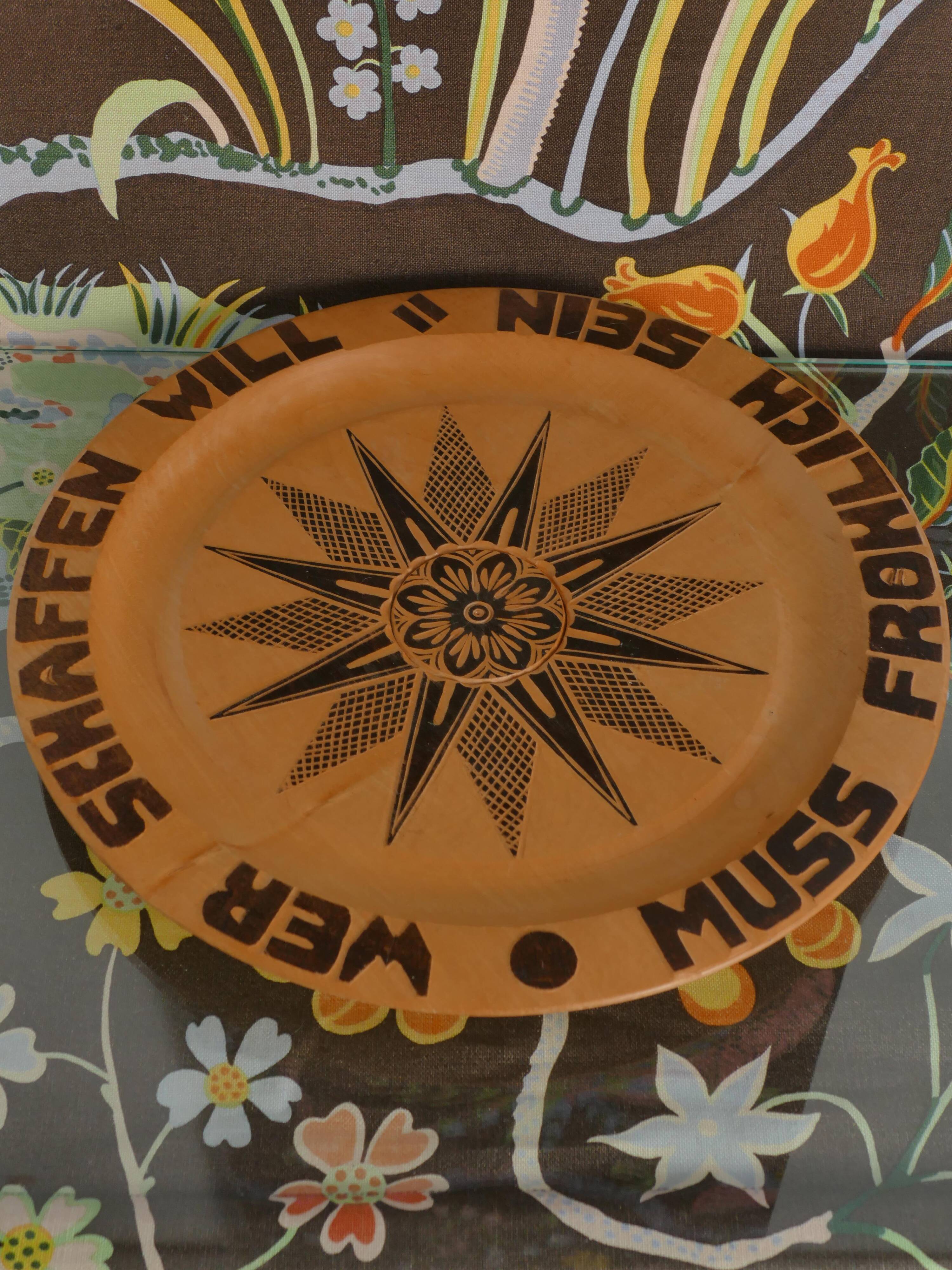 Decorative Hand-carved Wooden Plate with Pyrography, Germany 1960s