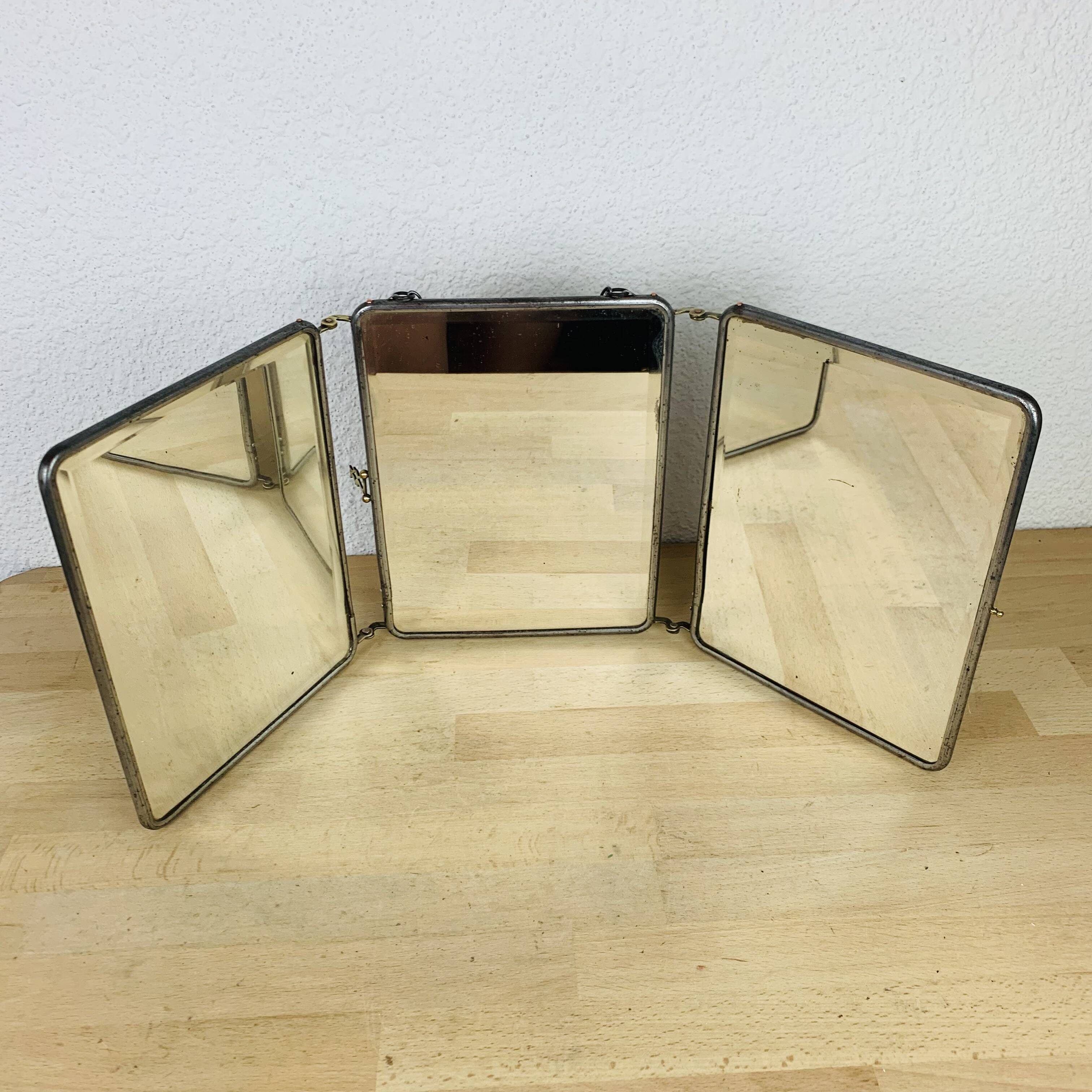 Vintage bevelled glass barber triptych mirror