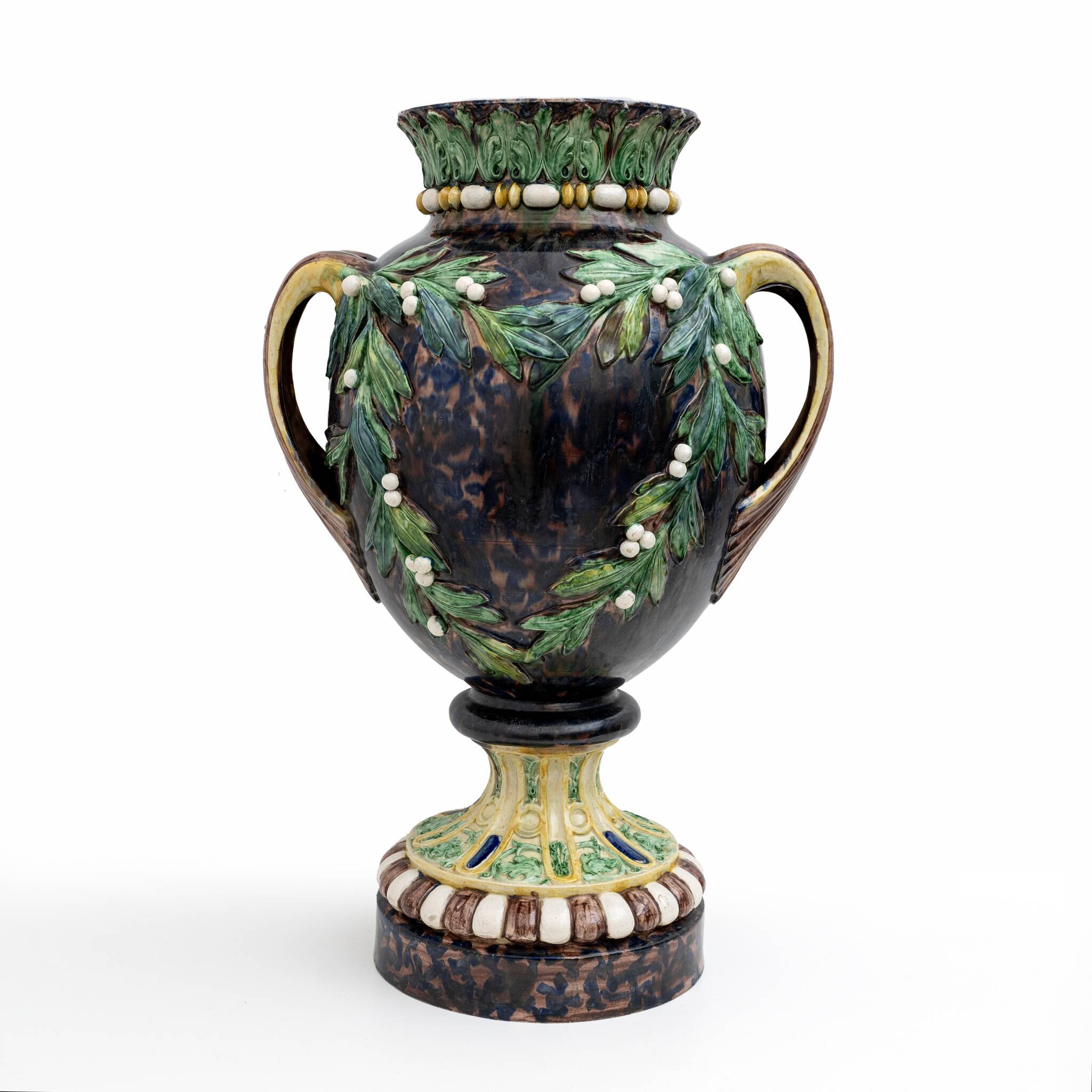 Large 19th century French Majolica Renaissance Palissy Vase with Mistletoe