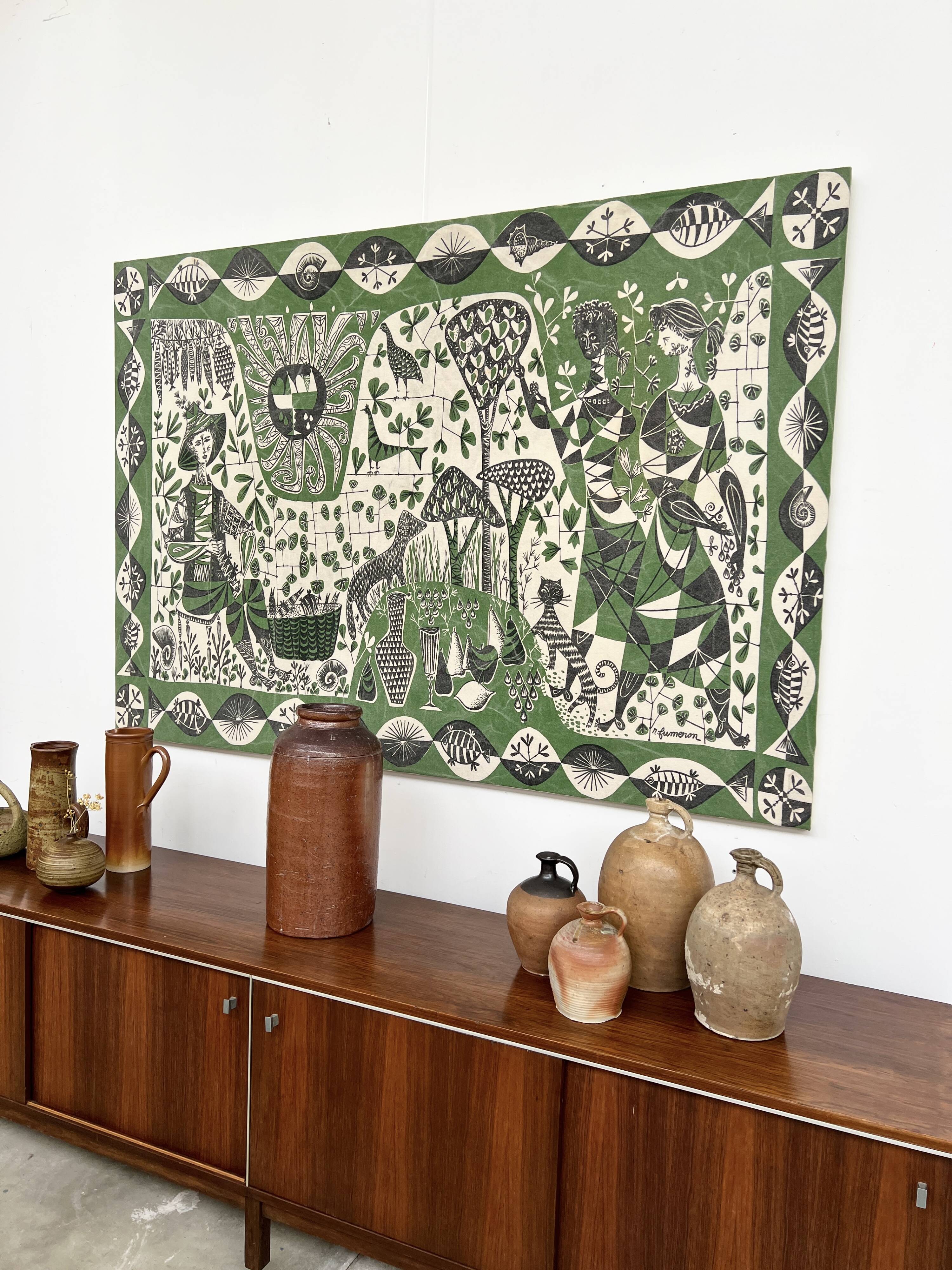Toile imprimée René Fumeron scène de pêche années 60