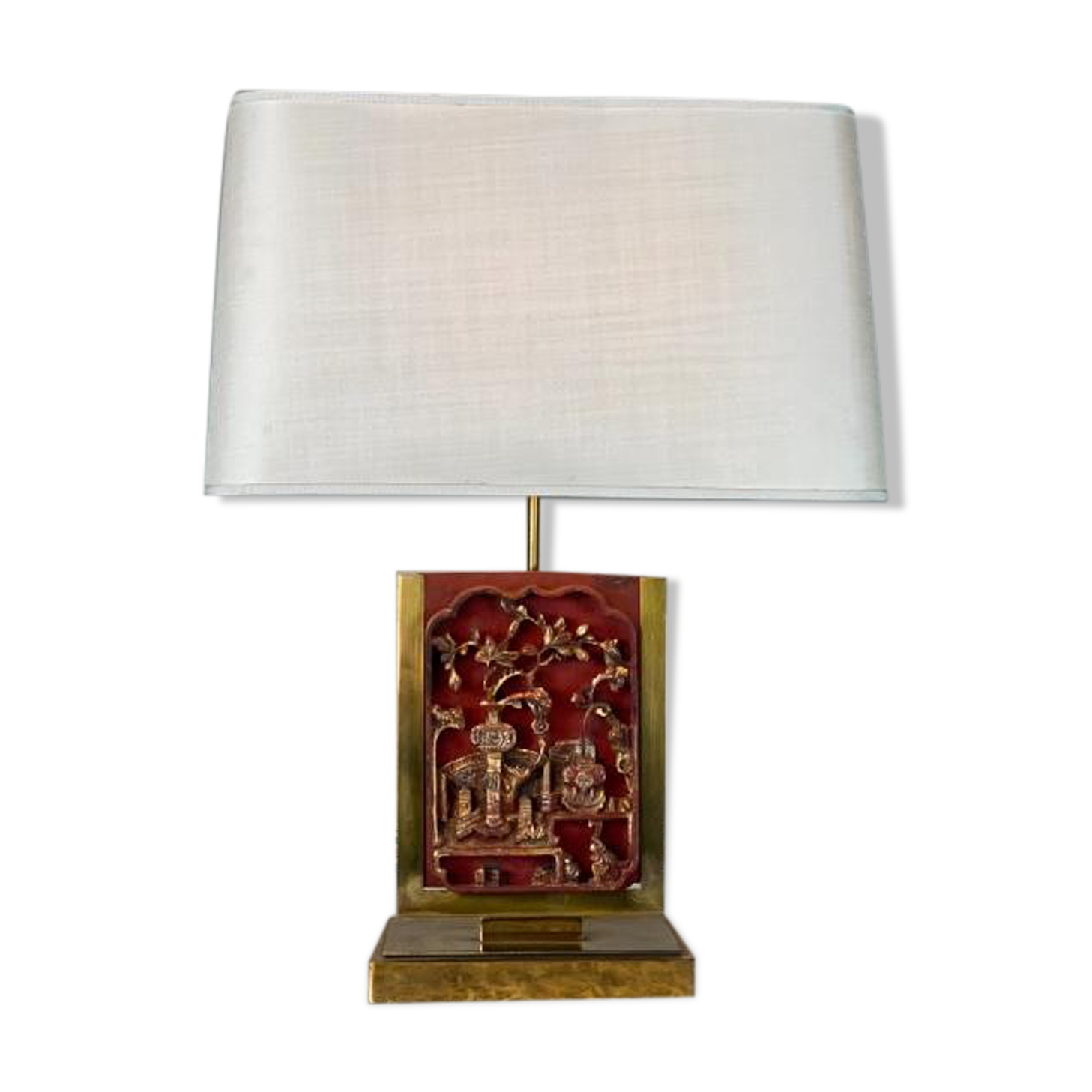 Laiton table lamp, laqué wood plate and golden china circa 1980