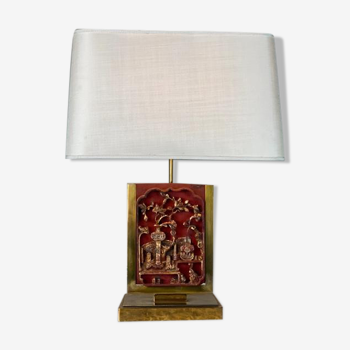 Lampe de table en laiton, plaque de bois laqué et doré chine vers 1980