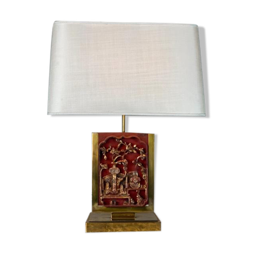 Lampe de table en laiton, plaque de bois laqué et doré chine vers 1980
