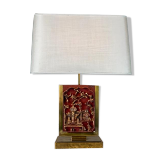 Laiton table lamp, laqué wood plate and golden china circa 1980