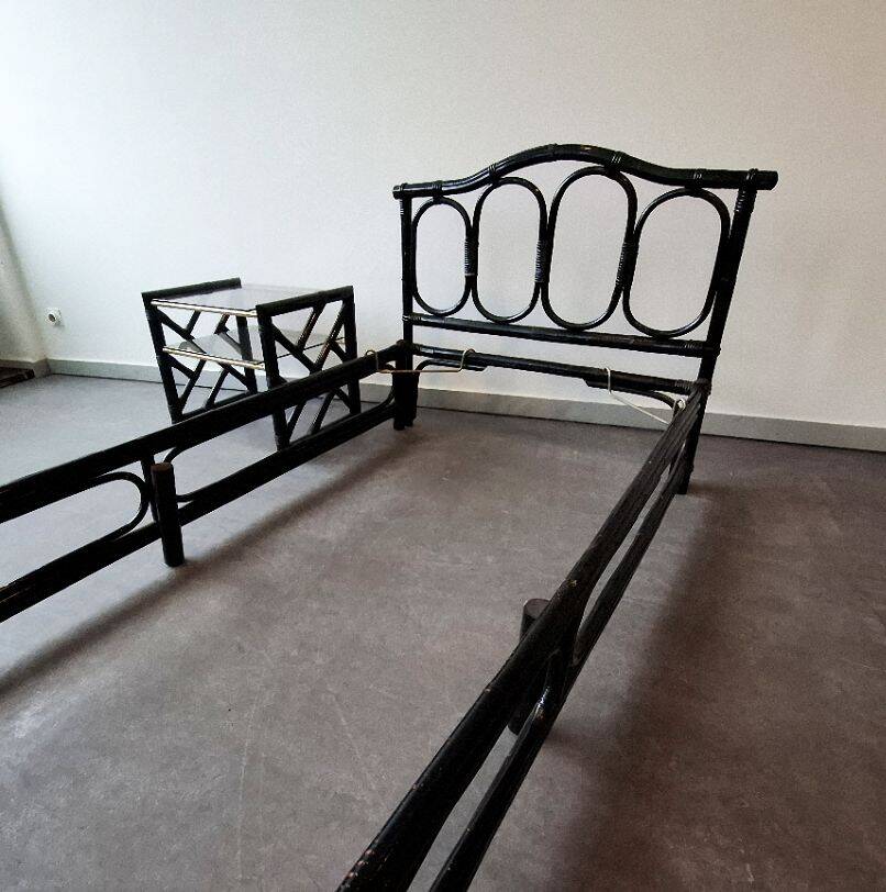 Bamboo and rattan bed and bedside table set, Italian design, 1970s.