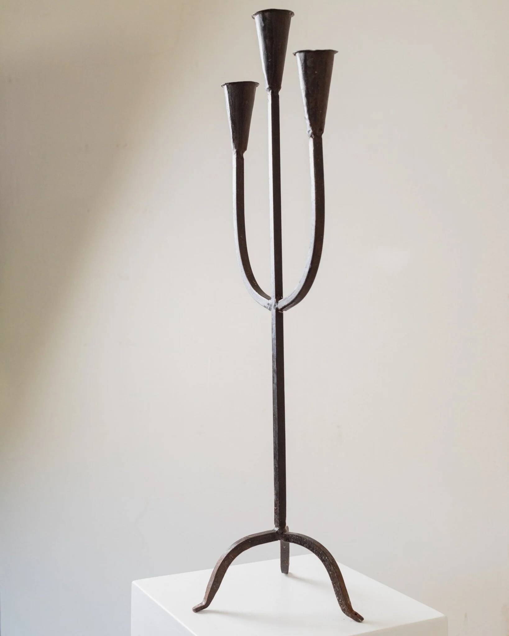 XXL Black Iron Brutalist Candlestick for 3 Candles - Handmade, Italy, 1960s