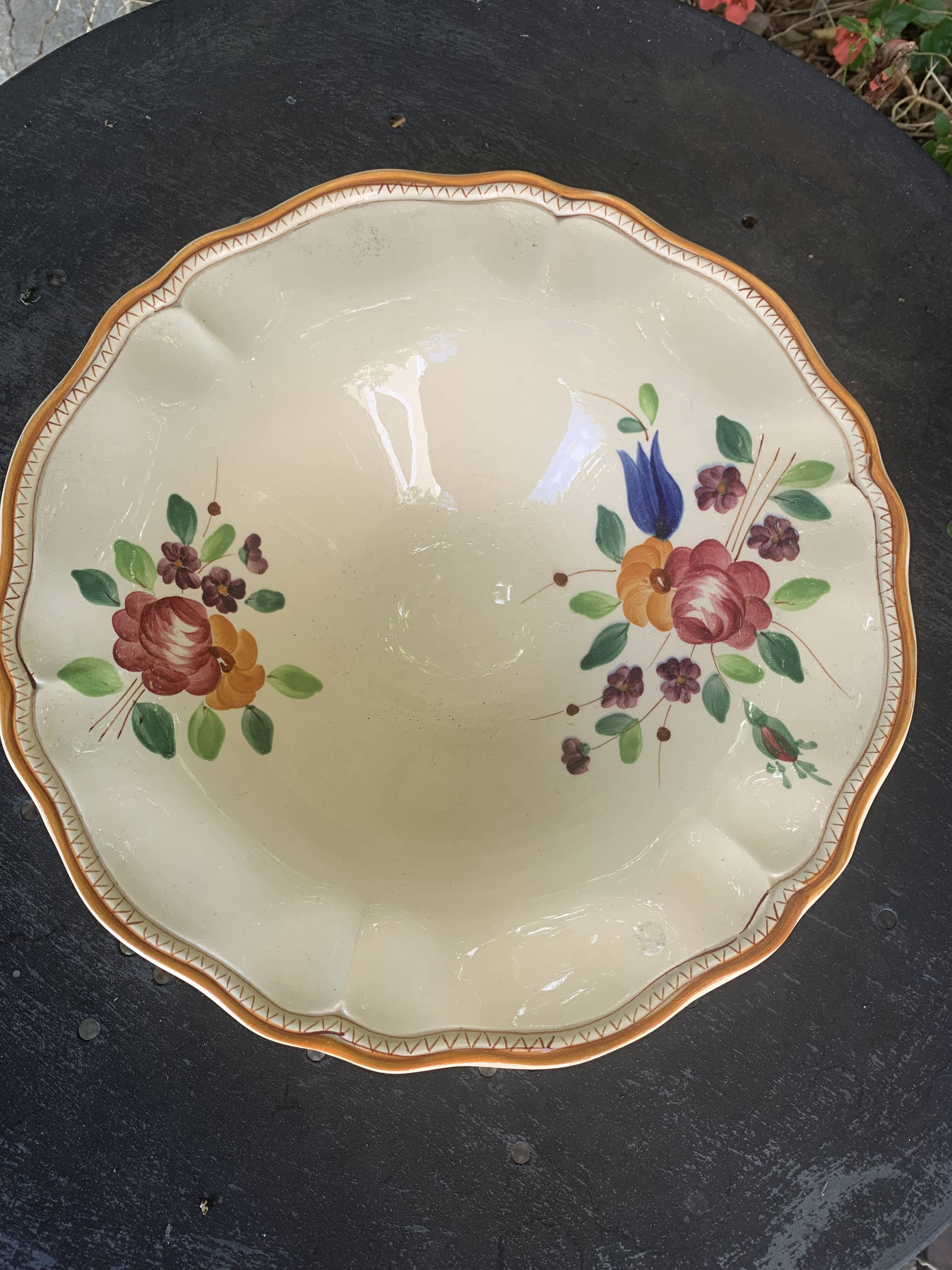 Earthenware fruit bowl with hand-painted flowers, old