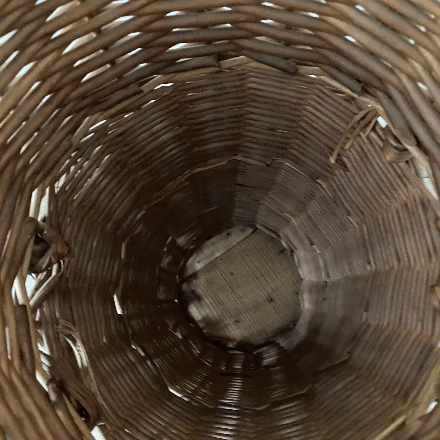 Woven wicker basket, vintage rod holder