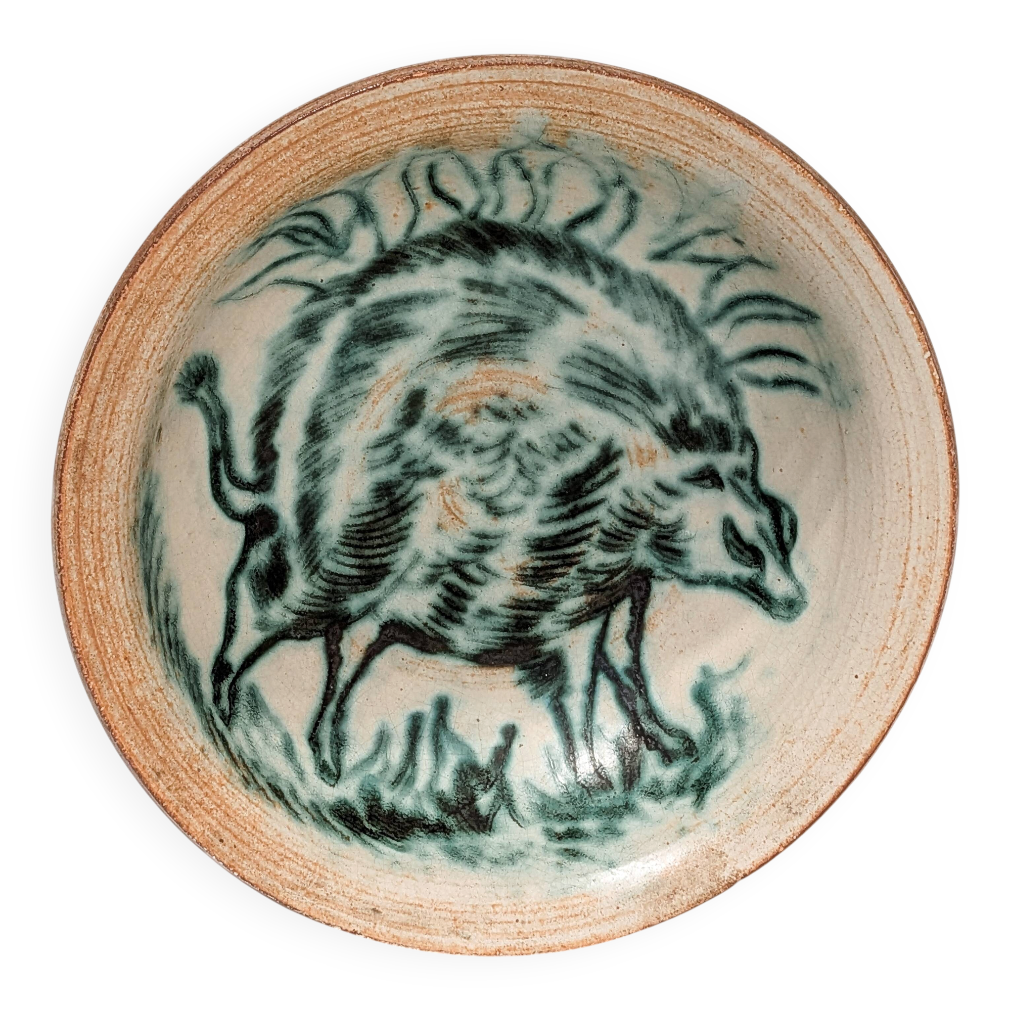 Stoneware bowl signed Maurice A. stylised wild boar – studio pottery