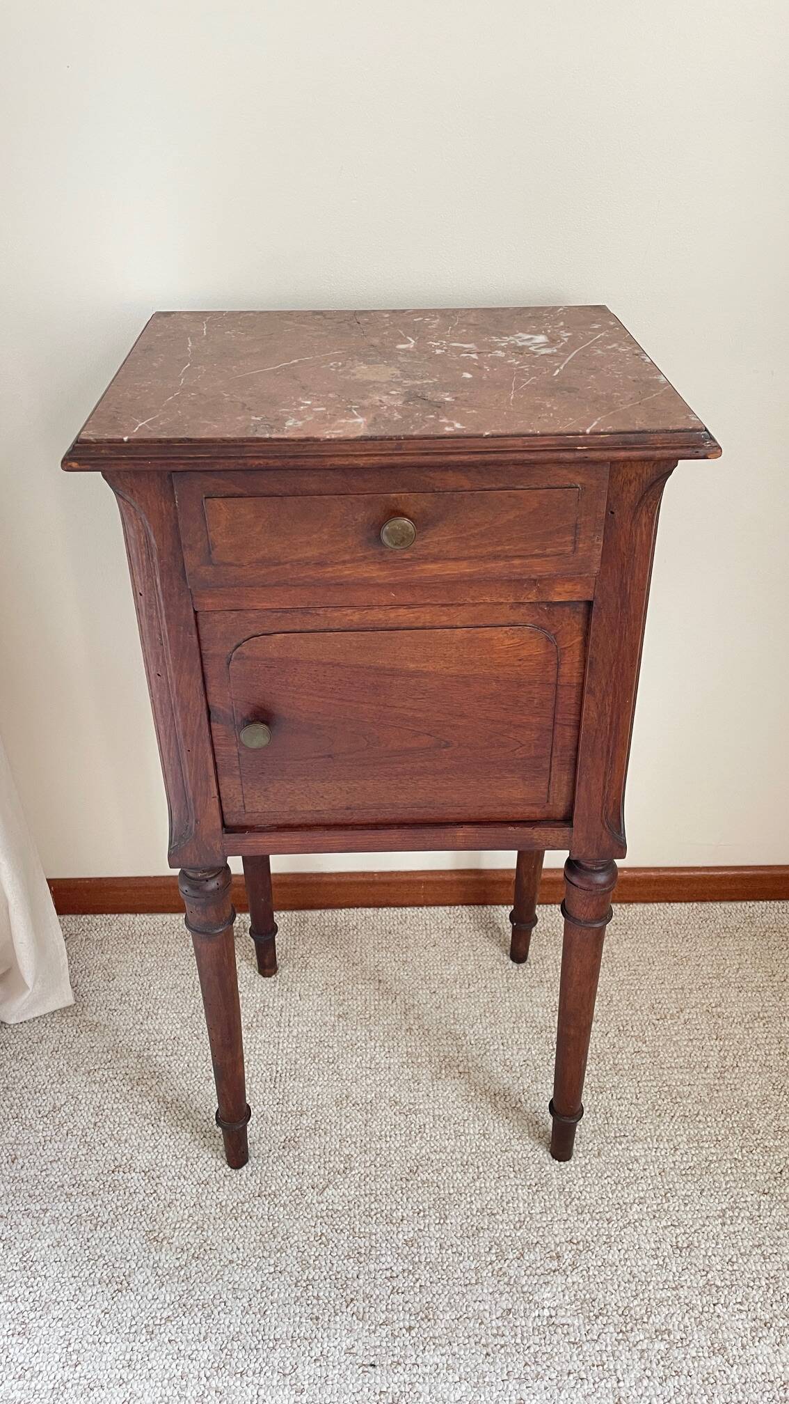 Antique bedside table in wood and marble