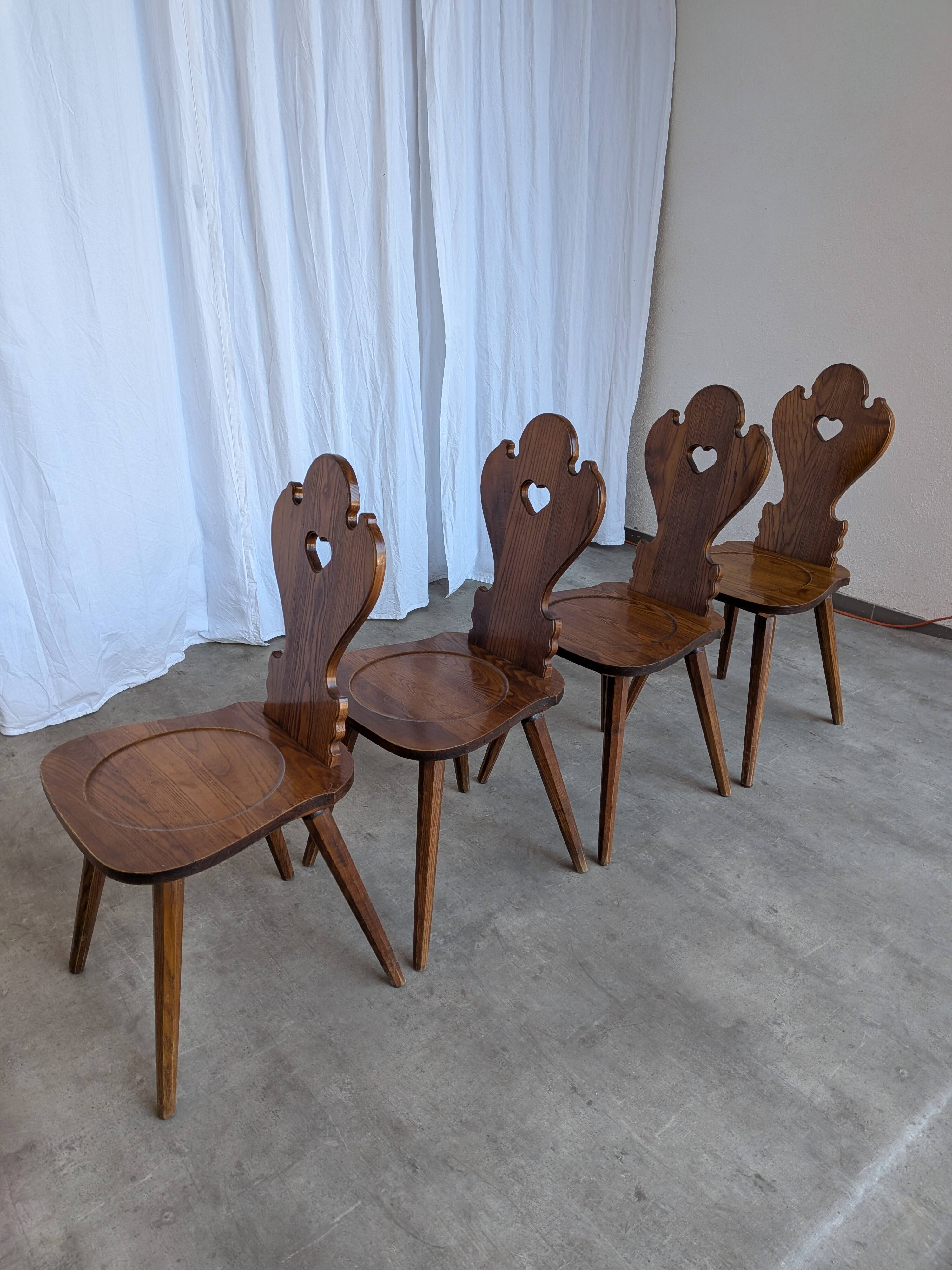 Set of 4 Farmhouse Tyrolean Chair with Heart Cutout Back / 1970s Vintage Di