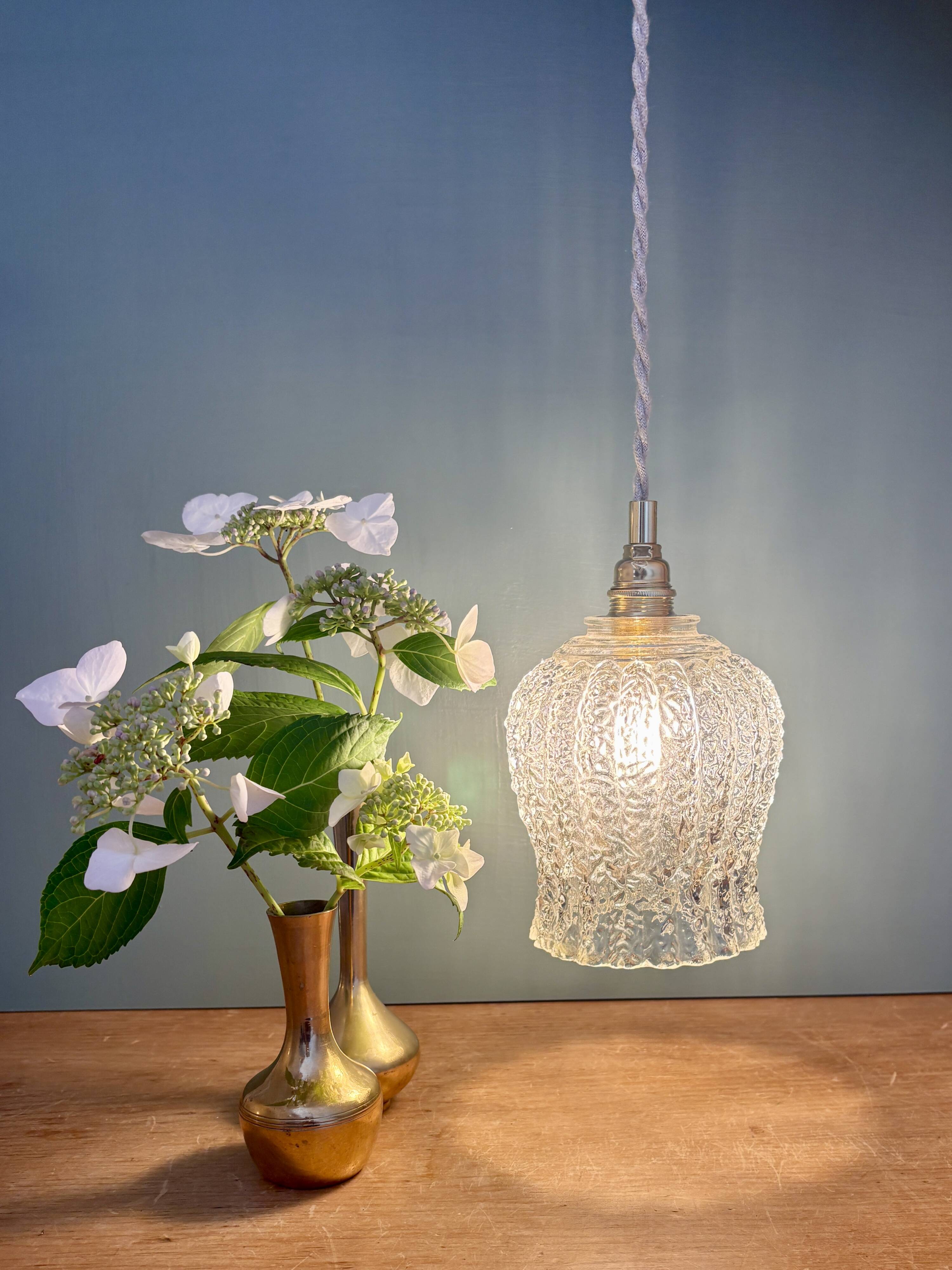Vintage tulip pendant light in clear molded glass