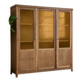 Vitrine en bois vintage / armoire murale avec verre jaune en relief