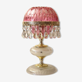 Lampe à pampilles de boudoir rose verre et cristal