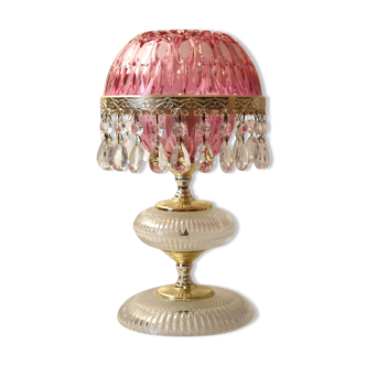 Lampe à pampilles de boudoir rose verre et cristal