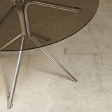Round table in smoked glass and chrome metal from the 70s