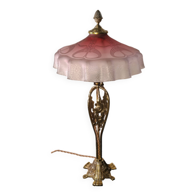 Lampe 1920 bronze abat-jour en verre teinté rose & gravé à l'acide art nouveau 63x30