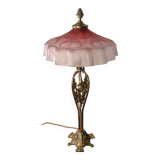 1920 bronze lamp pink tinted glass shade & acid etched art nouveau 63x30