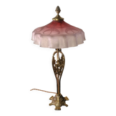 1920 bronze lamp pink tinted glass shade & acid etched art nouveau 63x30