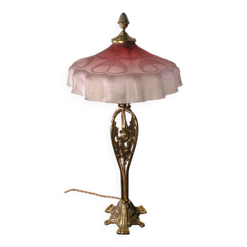 1920 bronze lamp pink tinted glass shade & acid etched art nouveau 63x30