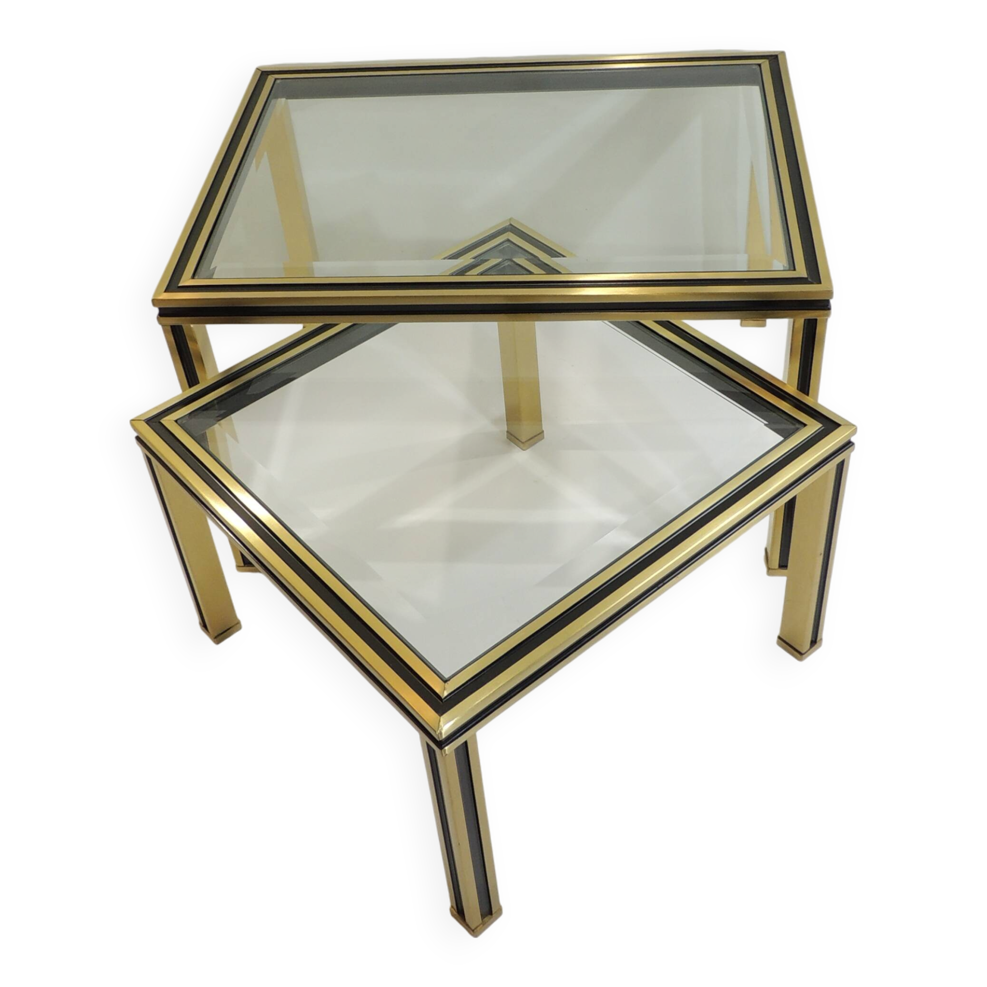 Set of Nesting Coffee Tables in Gold Metal & Beveled Glass by Pierre Vandel