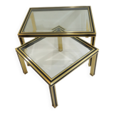 Set of Nesting Coffee Tables in Gold Metal & Beveled Glass by Pierre Vandel