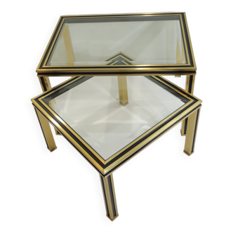 Lot Tables Basses Gigogne Métal Doré & Verre Biseauté  Pierre Vandel