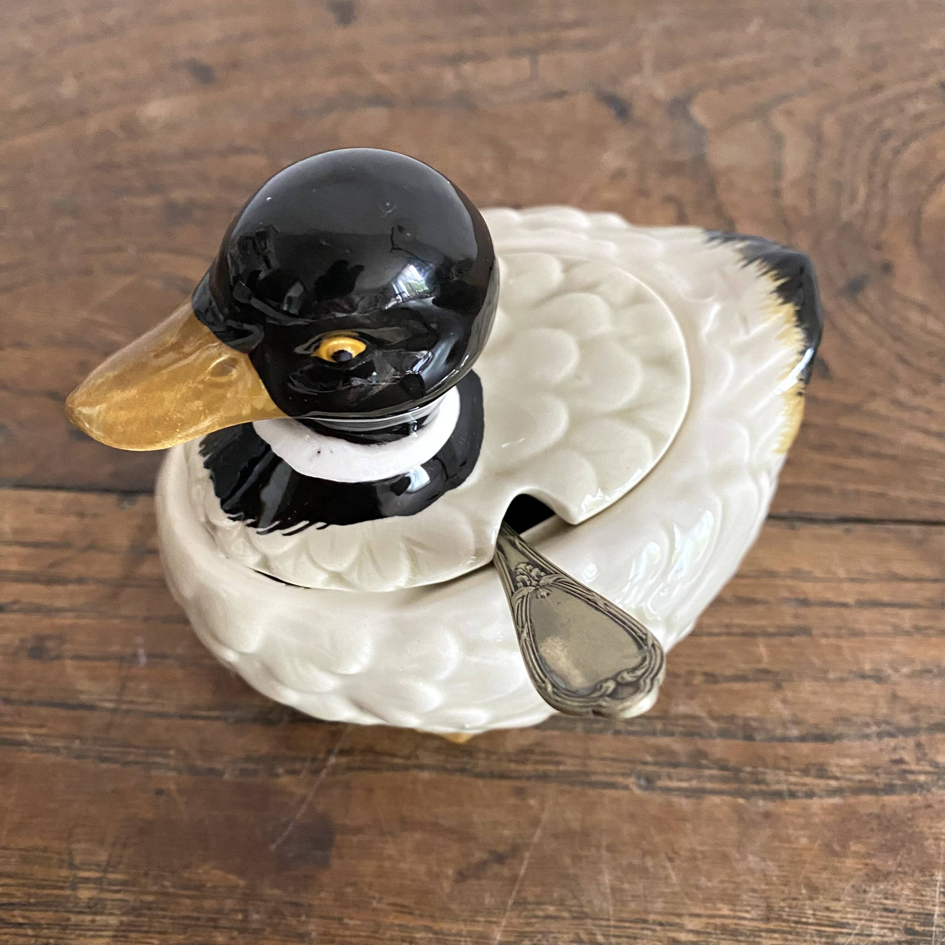 Duck in barbotine, sugar pot or zoomorphic mustard