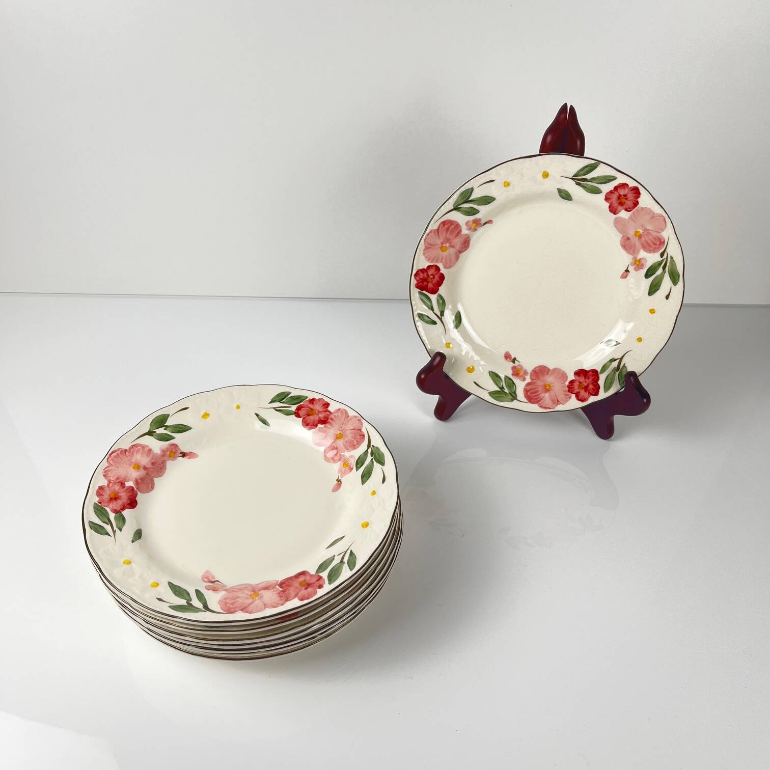 Set of 8 dessert plates: Cameo Florals Malaysia porcelain 1970–90