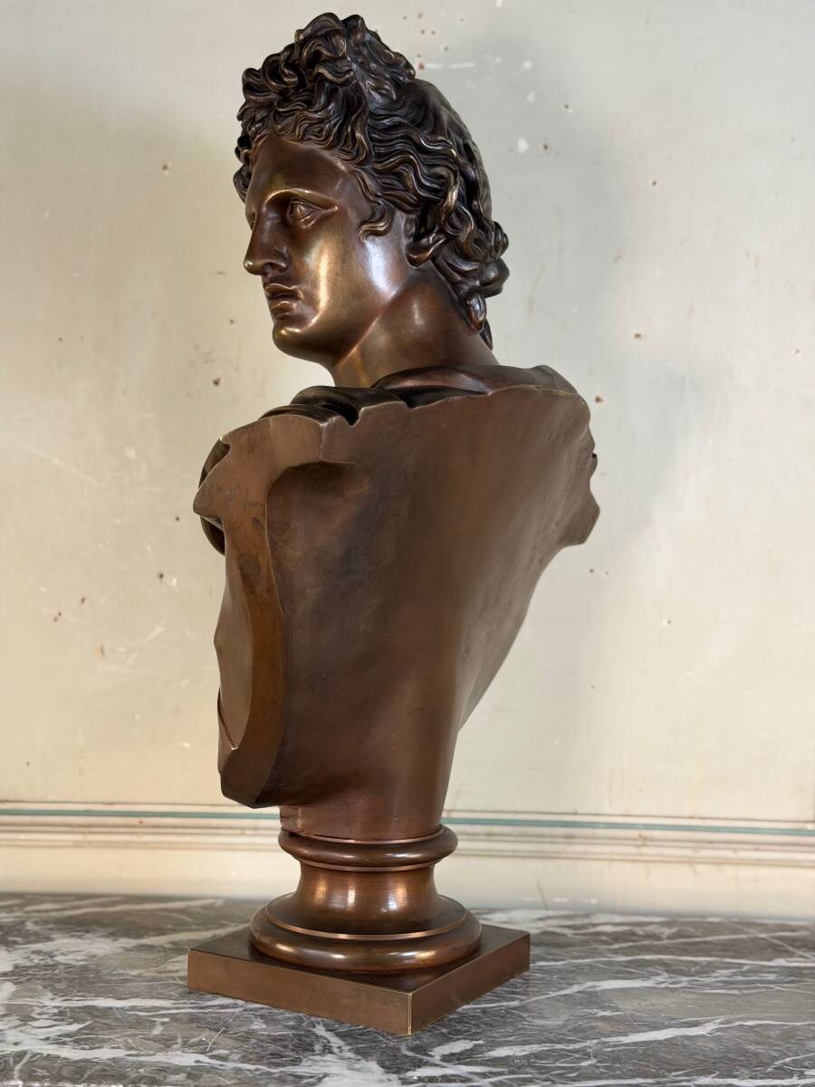 Bronze patina bust medal, Apollo of the Belvedere, bronzier Luppens, 19th century