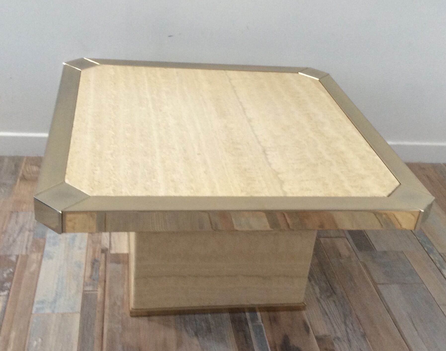 70s Belgochrom coffee table in travertine and gilded contour